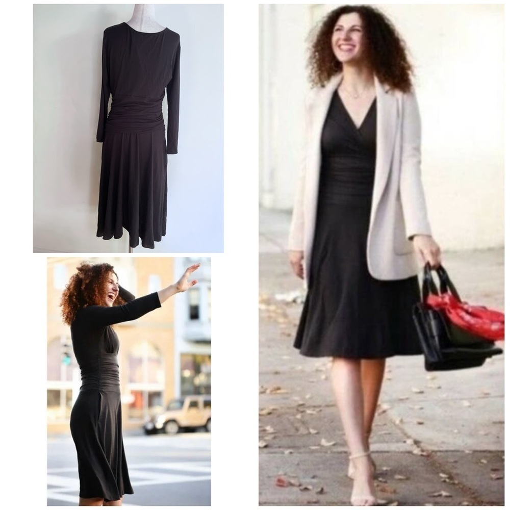 NWT Betabrand Shapeline Ruched Black Stretch Jersey V Neck  Long Sleeve Dress M﻿